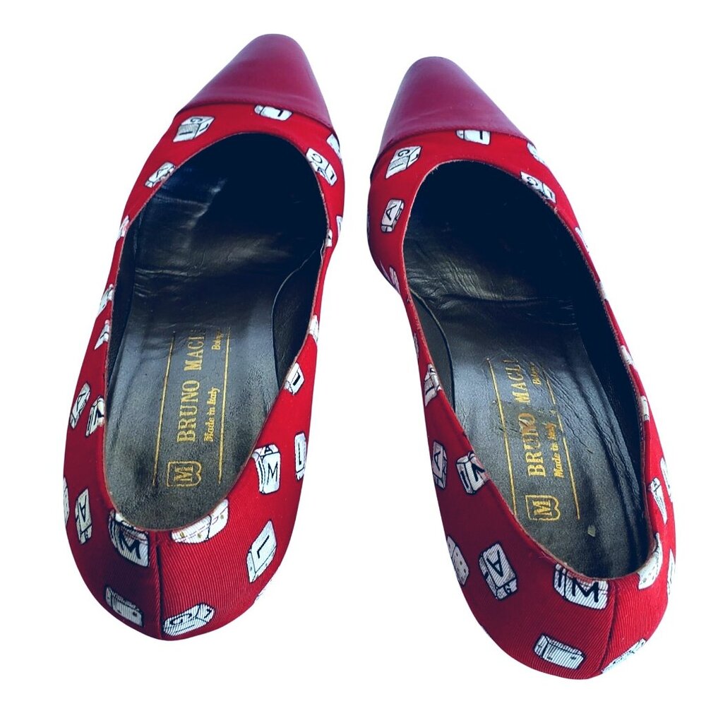 Bruno Magli 80s Vintage Red Heels 7.5 Novelty Dice Leather Canvas Rare Italy - Picture 6 of 14